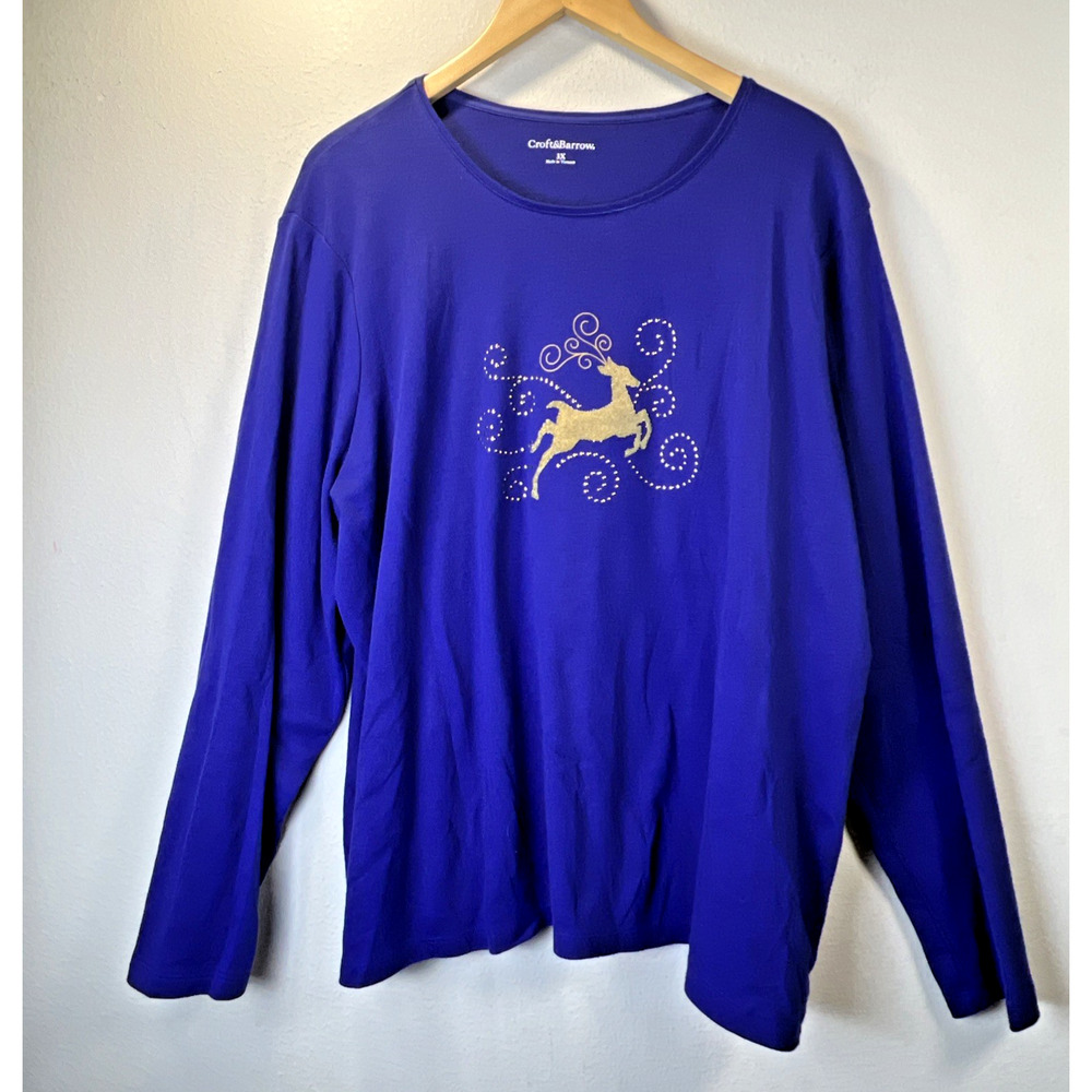 Croft & Barrow Blue reindeer holiday embellished 3X embroidered christmas party